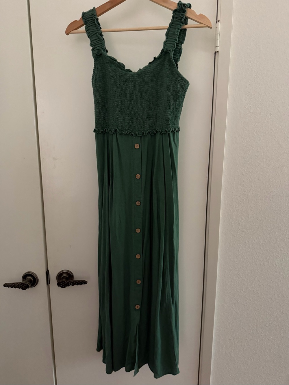Blu Pepper Dark Green Smocked Ruffle Strap Maxi Dress